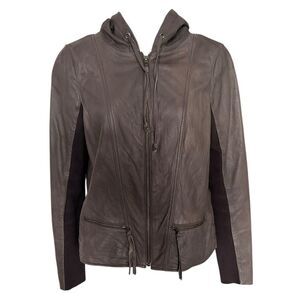 HINGE Designed In Seattle Grey 100% Leather Hooded Full Zip Jacket Size S